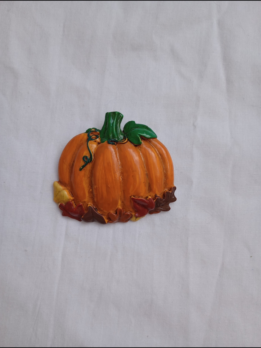 Orange Pumpkin Pin Brooch with Green Stem and Autumn Leaves Fall Fashion Vintage